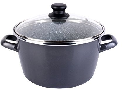 Magefesa Dolomiti Olla 24 cm de acero esmaltado con tapa, antiadherente multicapa efecto piedra, color gris exterior. Apta para todo tipo de cocinas incluida inducción.