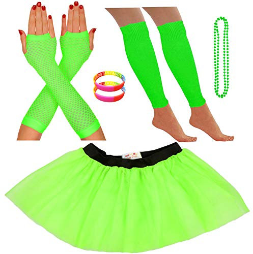 REDSTAR FANCY DRESS® - Tutu-Röckchen, Beinstulpen, Netzhandschuhe, Perlenkette und breite Gummiarmbänder - Neonfarben - Grün - 40-48