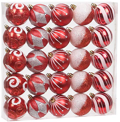 Sea Team 25-Pack Christmas Ball Ornaments with Strings, 60mm/2.36-Inch Medium Size Baubles, Shatterproof Plastic Christmas Bulbs, Hanging Decorations for Xmas Tree, Holiday, Wedding, Party, Red