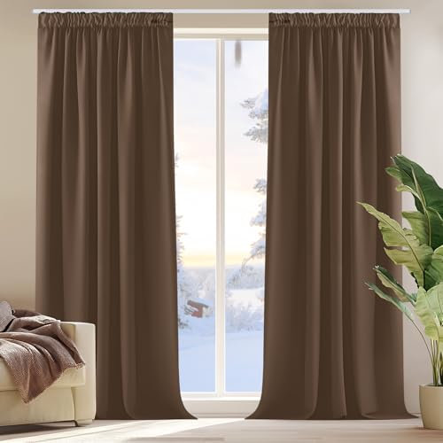 Deconovo Blickdicht Gardinen Vorhänge Kräuselband Vorhang Blickdicht Thermogardine, 175x140cm(HöhexBreite), Braun, 2er Set