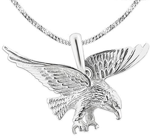CLEVER SCHMUCK Halskette mit Anhänger großer Adler fliegend 37 mm glänzend poliert Kette Panzer 60 cm lang und 2 mm stark S925 Sterlingsilber Unisex im Schmucketui