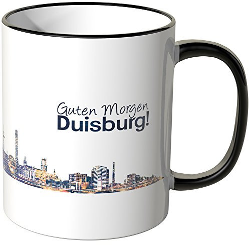 WANDKINGS® Tasse, Schriftzug Guten Morgen Duisburg! mit Skyline bei Nacht - SCHWARZ