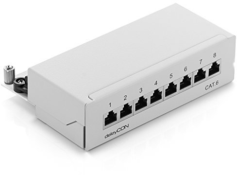 deleyCON CAT6 Patch Panel El Panel de Corrección 8 Puertos Escritorio y Montaje en Pared - Blindado - Enchufe 8x RJ45 - TIA568A TIA568B - Gris Claro