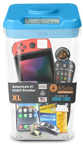 Kitchen Safe mit Zeitschloss-Container (XL), Zeitschloss-Box für Handys, Snacks und andere unerwünschte Versuchungen (blauer Deckel + 26.4cm klarer Behälter mit Zugangsöffnung)