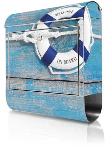 banjado Briefkasten Edelstahl 38x43x12cm & 2 Schlüssel - rostfreier Edelstahl Briefkasten mit Zeitungsfach - Postkasten A4 Einwurf inkl. Montagematerial - Motiv Blauer Rettungsring