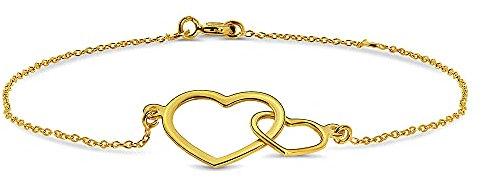 MIORE Damen-Armband mit Anhänger - Elegantes Armband aus 9 kt. Gelbgold mit doppeltem Herz-Anhänger - Armschmuck 18 cm lang, Gold