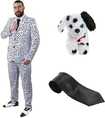 Adults Dalmatian Suit - White & Black Dalmatian Print Suit, Black Tie, Dog Plush Toy - Mens Stag Do TV Film World Book Day Halloween Fancy Dress Costume