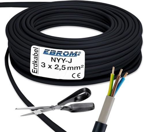 Cable para corriente de alta intensidad, NYY-J, 3 x 2,5 mm², cable subterráneo, plástico, 25 cm, color negro