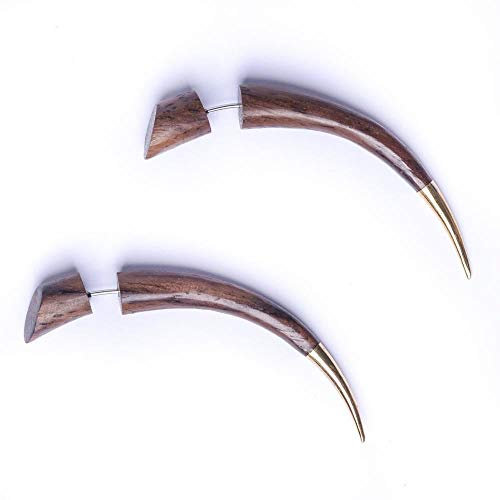 81stgeneration Bois pointe en laiton d'or paire de faux élargisseur de civière boucles d'oreilles tribales