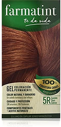 Farmatint 5R Castaño Claro Cobrizo, Tinte Vegetal Permanente, Sin Amoníaco, Cobertura Completa de Canas, Cuida y Protege tu Cabello, Unidad de 135ml, El embalaje puede variar