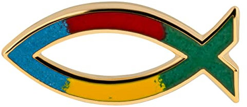 ICHTHYS ANSTECKNADEL „Fisch Regenbogen“ [Größe ca. 2 cm] mit CHRISTLICHEM SYMBOL in GOLD-FARBENEM METALL – farbig emailliert – MaMeMi