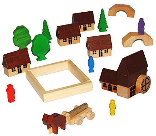 alles-meine.de GmbH 20 TLG. Set: Dorf mit Wassermühle, Häuser & Bäume, Pferdewagen, Figuren und Bausteine - aus Holz - Baukasten - Original Erzgebirge - ideal für Holzeisenbahn G..