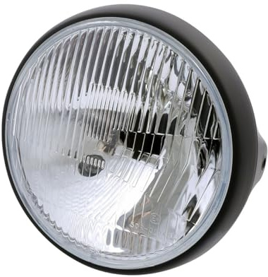 SHIN YO Scheinwerfer Motorrad British-Style matt schwarz, 7 Zoll, H4, 12 V | Frontscheinwerfer mit Standlicht, H4 Halogen 12 V, Metallgehäuse, Ø 190 mm, Gehäusetiefe 140 mm, seitliche Schraubmontage