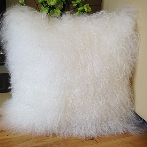 New Genuine Mongolian Sheepskin Lamb Wool Fur Cushion Cover - 40cm x 40cm - Bleach White