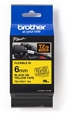 Brother Original P-touch Schriftband TZE-FX611 6 mm, schwarz auf gelb (u.a. für Brother P-touch PT-H100LB/R, -H105, -E100/VP, -D200/BW/VP, -D210/VP) zur Kabel- und Rohrbeschriftung, laminiert