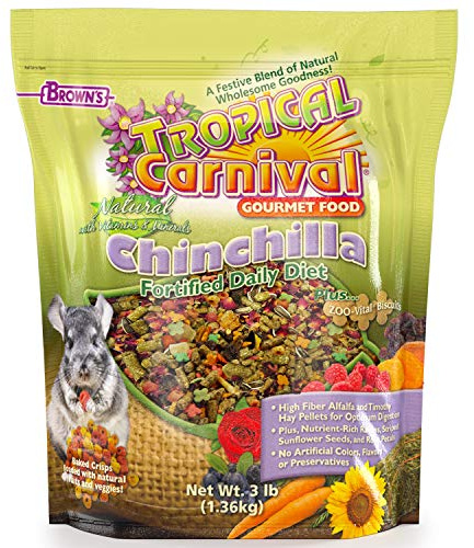 F.M. Brown's Tropical Carnival Natural Chinchilla Food, 3-lb Bag - Vitamin-Nutrient Fortified Daily Diet with High Fiber Alfalfa and Timothy Hay Pellets for Optimum Digestion
