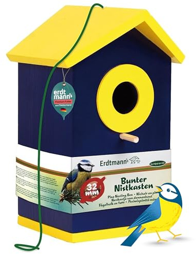 Erdtmanns Nistkasten mit Einflugloch – bunter Nistkasten für Wildvögel aus Holz – Vogelnistkasten mit Anflugstange – ideal für Meisen & Sperlinge – wetterfest für Garten (Blau, 32 mm Einflugloch)