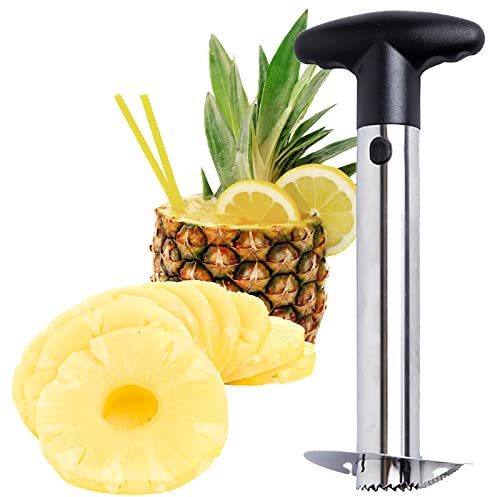 Edelstahl-Ananasschneider mit Rezept-eBook inklusive einjähriger Garantie – Kernentferner-Werkzeug mit abnehmbarem Griff – schneller und einfacher Frucht-Ananas-Schneider, Schäler, Entkerner