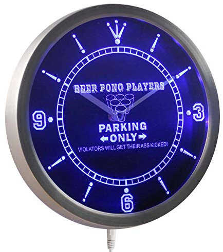 nc0408-b Beer Pong Player Parking Only Gift Bar Neon Sign LED Wall Clock Uhr Leuchtuhr/Leuchtende Wanduhr