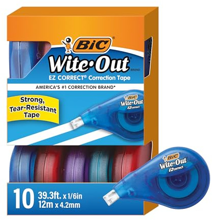 BIC Wite-Out EZ Correct Tear-Resistant Correction Tape with 39.3 ft of Tape, 10-Count Pack in White