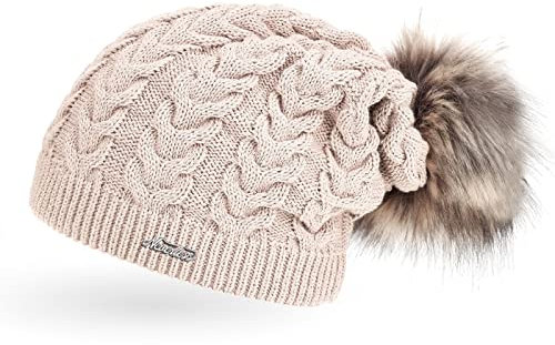 Neverless Coole Damen Strickmütze Strick-Beanie gefüttert mit Fell-Bommel, Winter-Mütze, Bommelmütze, hell-beige Unisize