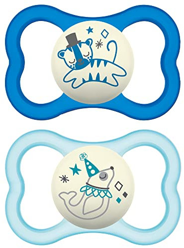 MAM Air Night Schnuller (2er-Pack, 1 sterilisierender Schnullerbeutel), MAM Schnuller für empfindliche Haut, 6+ Monate, für Babys, leuchtet im Dunkeln, Schnuller, Designs können variieren