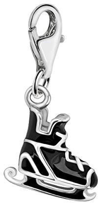 Quiges Charm Anhänger Schwarz Emaille 3D Eislaufen Stiefel Skate 925 Silber mit Karabinerverschluss für Bettelarmband