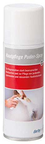 derbymed Hautpflege Puder Spray für Pferde | 200 ml | Elastischer Schutzfilm für sensible und geschädigte Pferdehaut | Kann zur Beruhigung juckender und spannender Haut beitragen