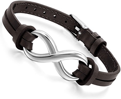 Flongo Lederarmband, Edelstahl Leder Echtleder Armband Armreifen Braun Infinity Unendlichkeit Zeichen Symbol Lieben Charm Charme Elegant Einstellbar Verstellbaren Passen Passend 7~9 Zoll Herren,Damen