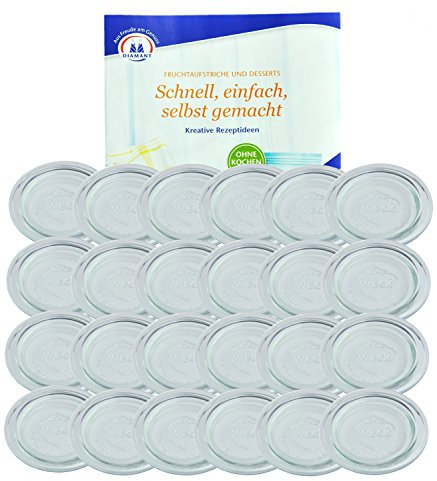 MamboCat WECK 24er Set Ersatz-Glasdeckel für Rundrandglas 100 mm, Glasdeckel, Ersatzdeckel, Ersatzglas, Glasauflage transparent, passend für WECK-Rundrandgläser RR100 incl. Gelierzauber Rezeptheft