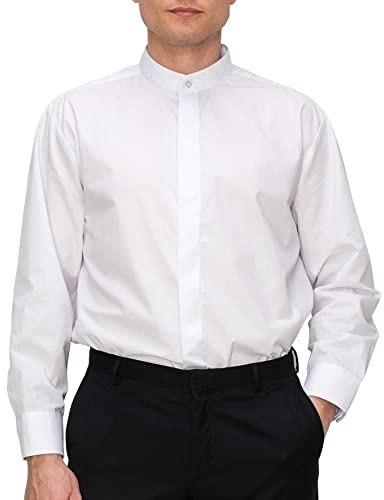 OmegaTux Men’s Banded Collar(Mandarin Collar) Dress Shirt, Non Pleat (Large(16-16.5) 32/33) White