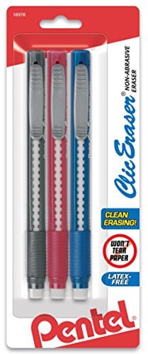Pentel Clic Radiergummi, einziehbar, mehrfarbig, 1,63 x 7,32 x 18,42 cm, 3 Stück