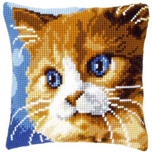 VERVACO Kreuzstich Stickpackungen Kissen Stickerei Set Anfänger Vorgedruckt Braune Katze DIY Set Kreativ Set Für Erwachsene Dekoratives Kissen ca. 40 x 40 cm Bastelset Handwerker Haus Dekoration