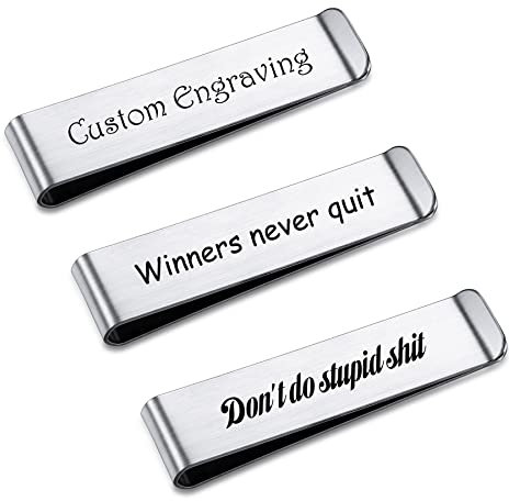 MeMeDIY Geldklammer Herren, Personalisierte Geldscheinklammer Gravur Geschenk für den Vater, Schmaler Kartenhalter, Silber Edelstahl Vordertaschen (Benutzerdefiniert A Set von 3 Silberstücken)