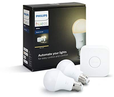 Philips Hue White Starter Kit E27 con 1 Bridge e 2 Lampadine White Connesse Incluse, 9 W, Bianco