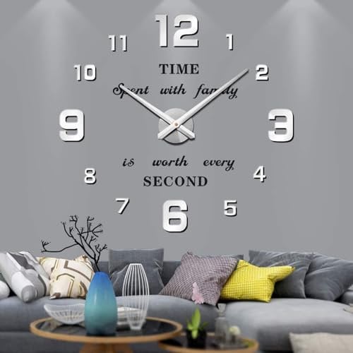 VANGOLD Reloj silencioso 3D Adhesivo Efecto Cristal para Pared, sin Marco, tamaño Grande, para Decorar la Oficina o casa,Plateado