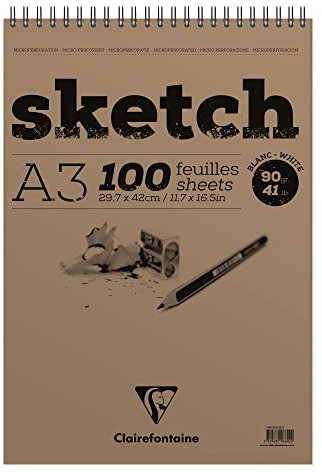 Clairefontaine 96602C Skizzenblock Sketch (100 Blatt, DIN A3, 29,7 x 42 cm, Spiral, mikroperforiert, 90 g) weiß