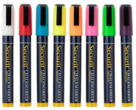 SECURIT - 8er-Set Kreidemarker - Für nicht-poröse Oberflächen (Schwarze Tafel, Glas, Metall, Spiegel...) - Mittelstarke Spitze 2-6 mm - Bunt, 8 Farben