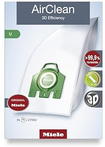 Miele Original AirClean 3D Efficiency U Vacuum Cleaner Bags for Miele Dynamic U1 and S7 Models, Filters More Than 99.9% of Dust, Pack of 4 – 10123230