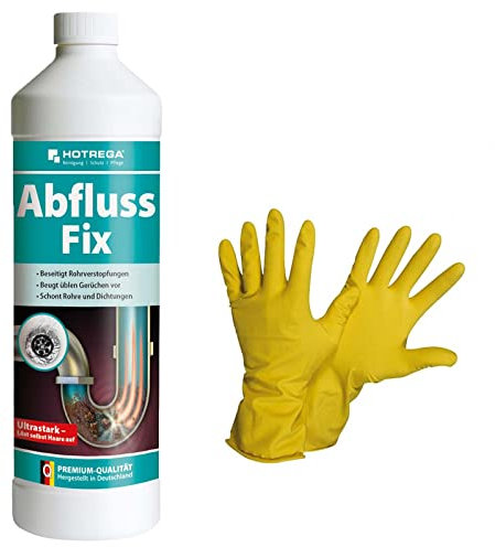 HOTREGA Abfluss Fix 1 Liter Konzentrat | Abflussreiniger | Löst Haare, Fett, Seifenreste | Für Dusche, Spüle, WC, Badewanne, Urinal | inkl. Handschuhe