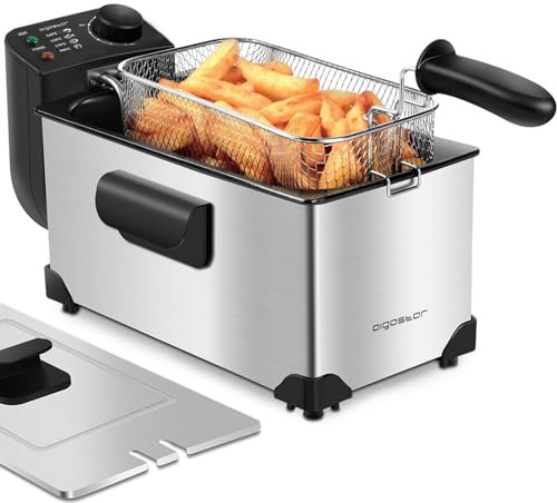 Aigostar Agni 30HEY - Friteuse 3L, 2200W. En acier inoxydable de type 304 et cuve amovible pour vider l'huile. Sans BPA ave couvercle anti-éclaboussures et contrôle de la température. Design exclusif.