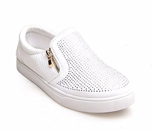 Womens Diamante Zip Loafers Trainers Skin Slip On Gold Skater Sneakers Flats Pumps Shoes_391_White_4