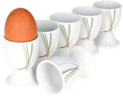 Van Well I 6er Set Eierbecher Fashion rund I 6 Personen I Becher Ø 4,7 cm I hoher Eier-Ständer I Egg Cup I abstrakte Streifen pink-grün-grau-schwarz I Porzellan-Geschirr