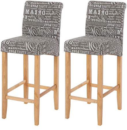 Mendler 2er-Set Barhocker HWC-C33, Barstuhl Tresenhocker, Holz - Schriftzug, grau, helle Beine, Stoff/Textil
