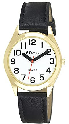Ravel - Damen superfette Visierhilfebanduhr mit großen Zahlen - schwarz/goldfarbener Ton/weißes Zifferblatt