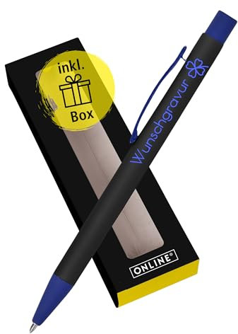Online Personalisierter Kugelschreiber mit Gravur Soft Metal Black & Blue in Geschenkbox I Softtouch Feeling I auswechselbare Großraum-Mine I Schreibfarbe schwarz I Aluminium I persönliches Geschenk