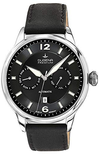 Dugena Herren-Armbanduhr 7000304 Kappa Kalender, Automatik, Vollkalender, schwarzes Zifferblatt, Edelstahlgehäuse, Saphirglas, Lederarmband, Dornschließe, 5 bar