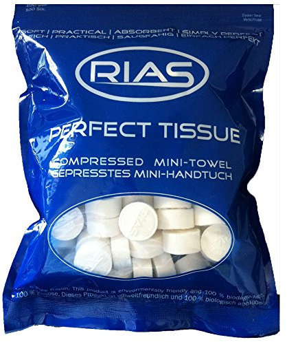RIAS Rias Trockentücher in Tablettenform, 100 biologisch abbaubar, gepresstes Minihandtuch, platzsparend, weich, saugfähig, erfrischendes Feuchttuch, Reinigungstuch, 100 Stück