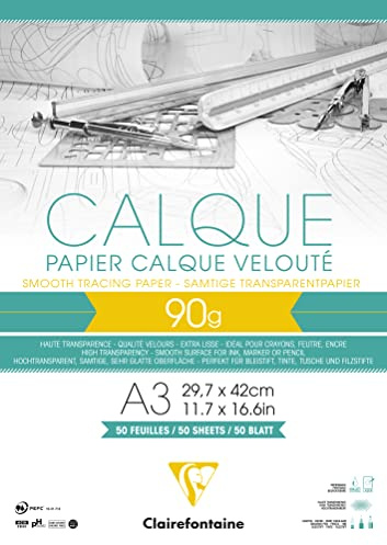 Clairefontaine 97134C - Block Transparentpapier, DIN A3 29,7 x 42 cm, 90g, 50 Blatt, ideal für technische Zeichen, Extratransparent, 1 Stück