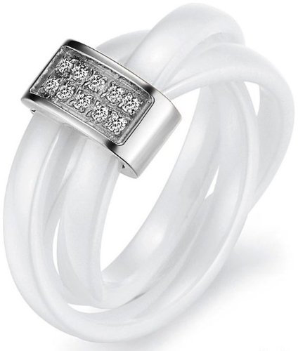 JewelryWe Schmuck 3mm Breite Schwarz Keramik Damen-Ring mit Silber Edelstahl Trizyklische Verlobungsring Hochzeit Band Größe 59
